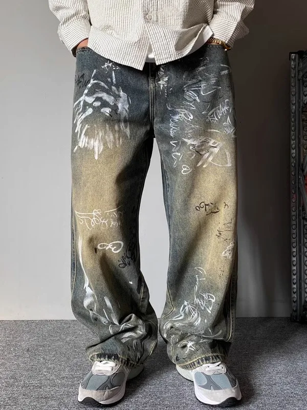 

Американские джинсы в стиле ретро для мужчин, новые летние, прямые, свободные, широкие брюки, повседневная одежда, молодежная мода