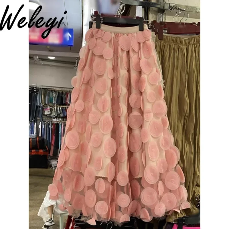 

Fairy Three-dimensional Flowers Gauze Skirt Woman Spring and Autumn 2024 French High-end Pendulum High Waist Mesh Skirt Women