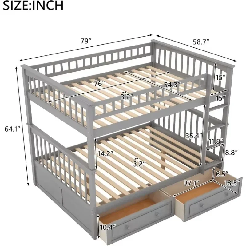 Full Over Full Bunk Bed with 2 Storage Drawers , Wooden Bunk Bed Frame with Guardrails and Ladders for Kids Teens Adults(Gray)