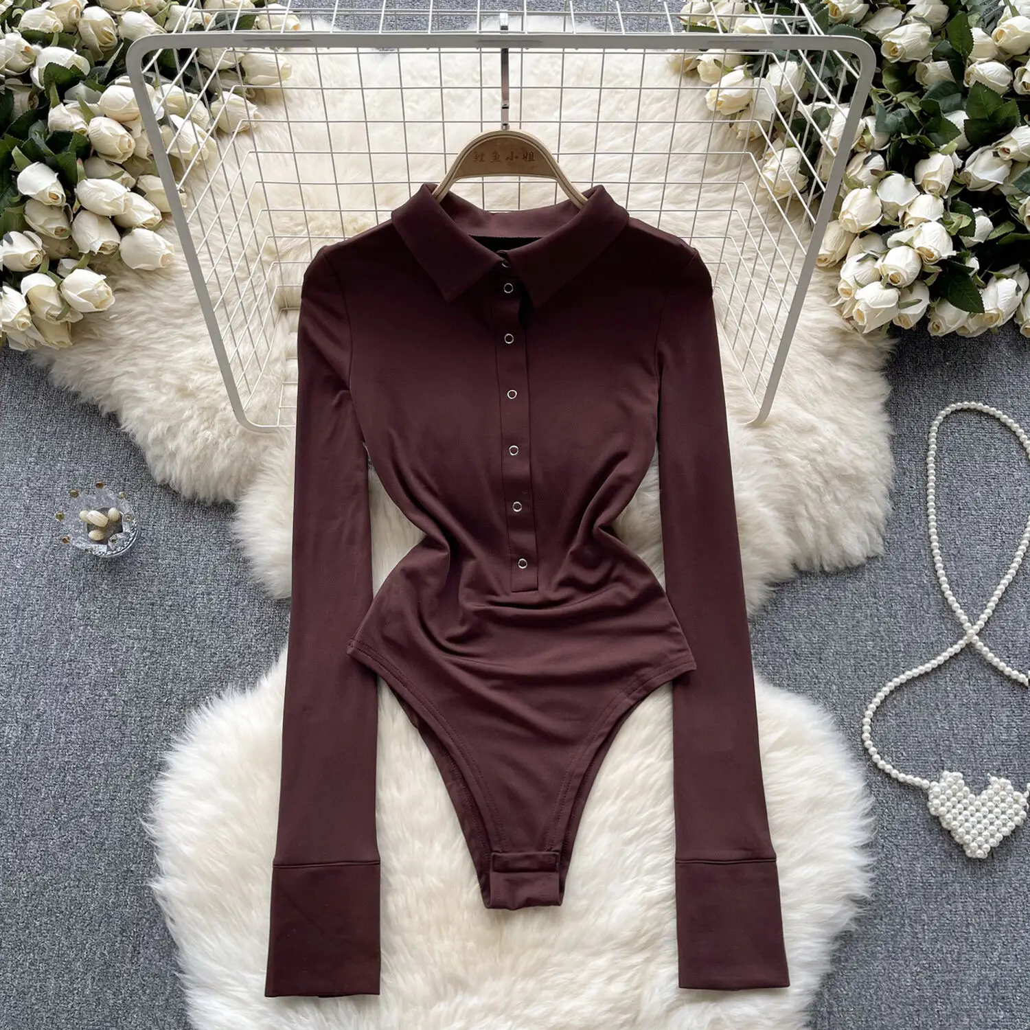 American Retro Spicy Girl's Long Sleeve Jumpsuit Top Shirt For Women In Autumn Winter Polo Neck Waist Tight Casual Work Bodysuit