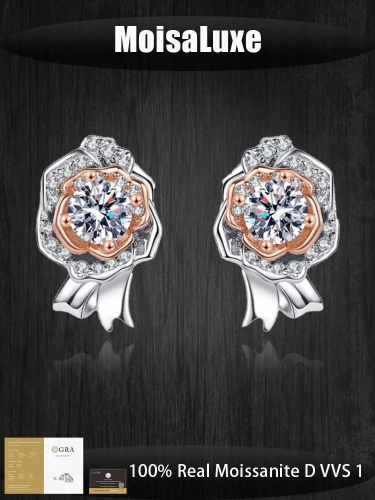 

MoisaLuxe Official Store Moissanite 925 sterling silver earrings Gold Stud for Women gold-plating Fashion Jewelry Flower