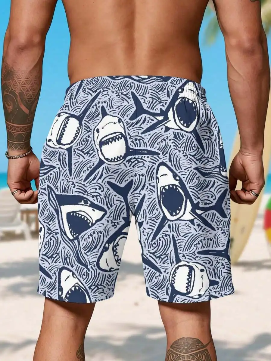 

Mens Shark And Ocean Wave Print Board Shorts Summer Casual Relaxed Fit Breathable Beach Swim Trunks
