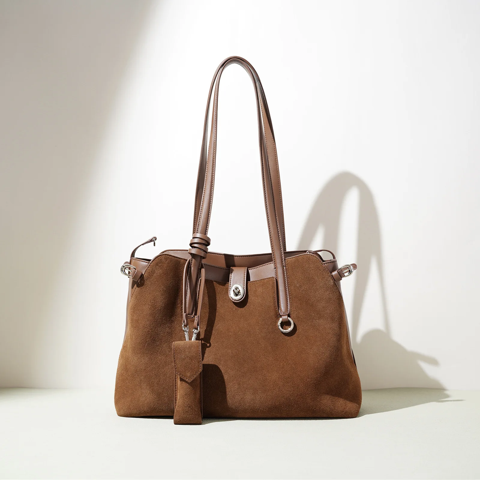 

Noble Ins Chic Design High Quality Long-handle Casual Tote Winter Kakhi Coffee Color Matte Suede + Cow Leather Women Handbag