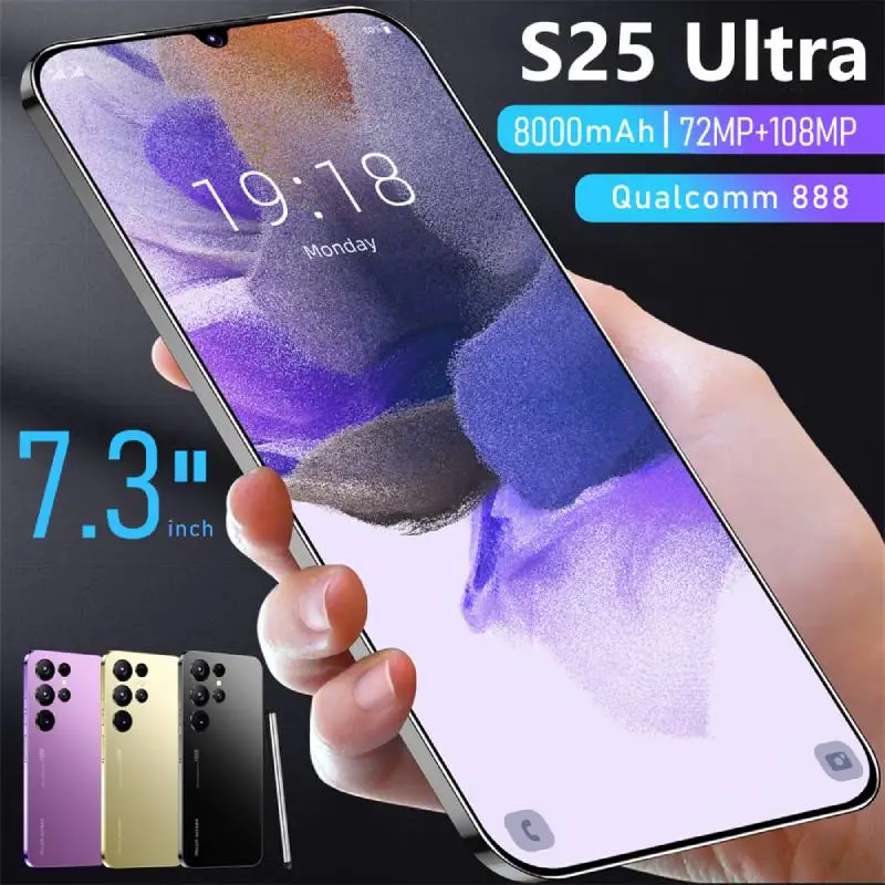 Küresel Sürüm S25 Ultra Akıllı telefon 7.3 inç Tam Ekran 4G 5G Çift SIM Cep Telefonu 22 TB + 2 TB 7800 mAh Cep Telefonları Yüz Kilidi Açılmış
