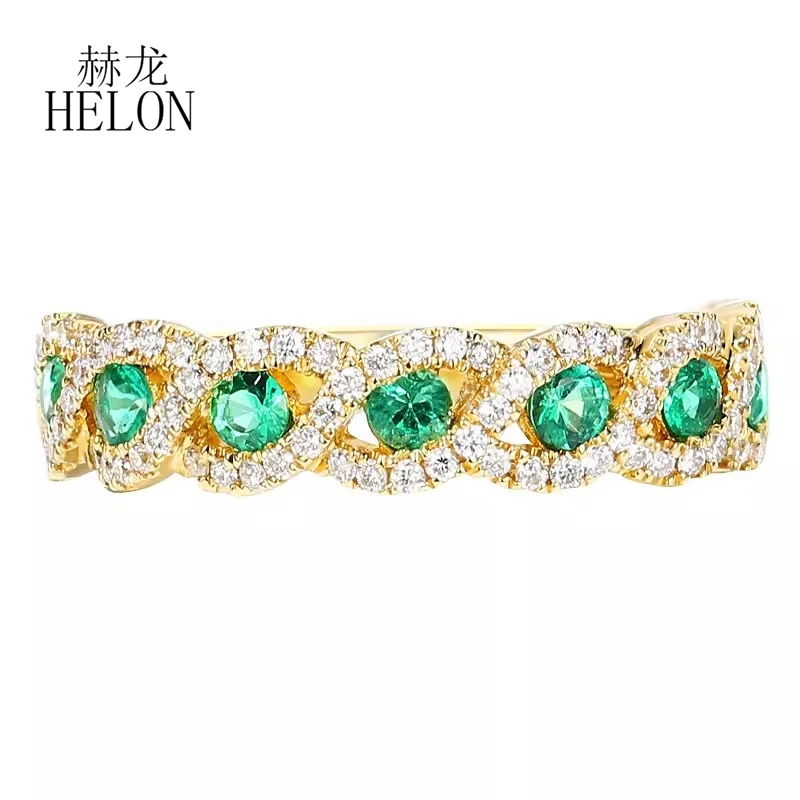 HELON Solid 14K Yellow Gold Natural Diamond Rings For Women Sparkling Real Emerald Engagement Anniversary Unique Fine Jewelry