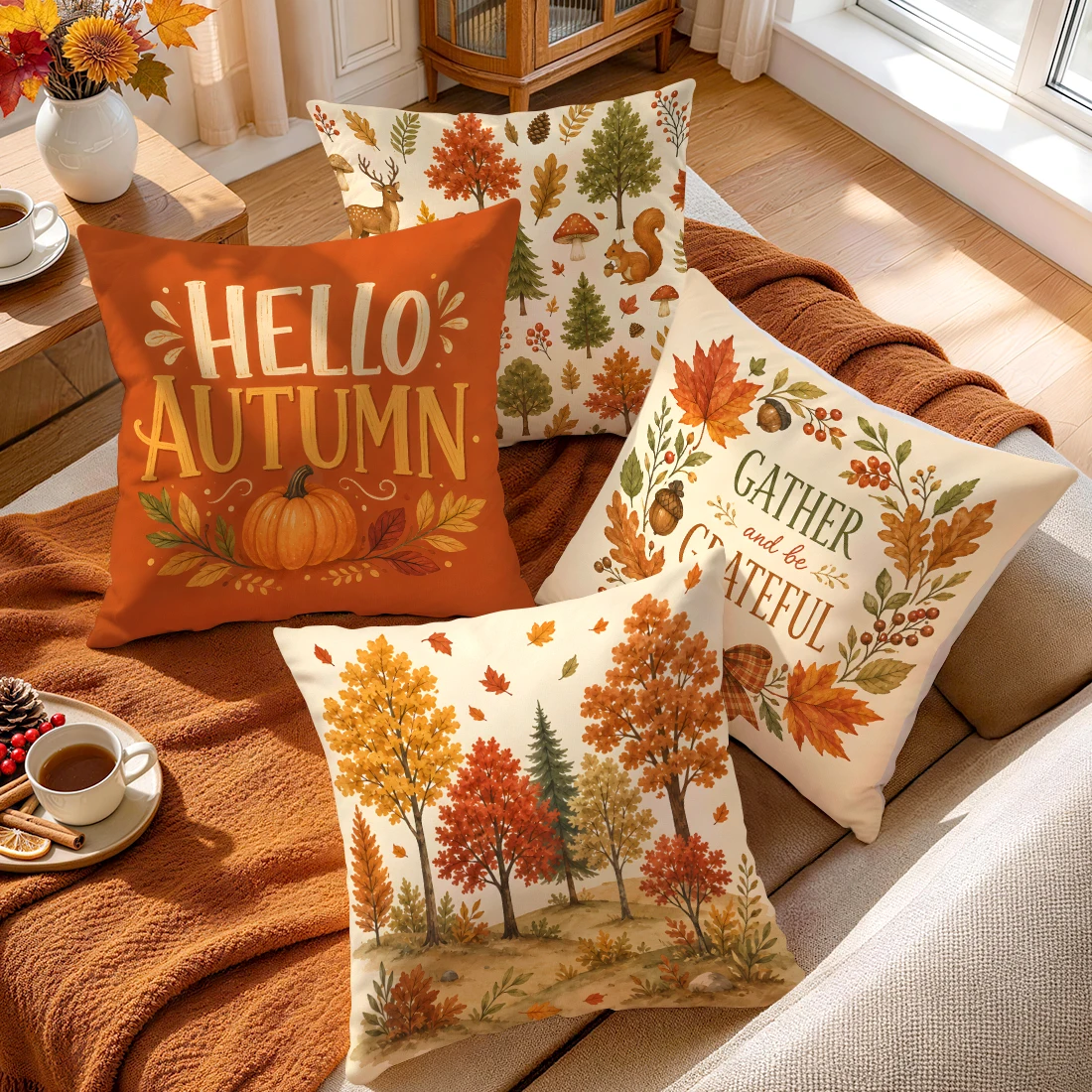 Forest Autumn Thanksgiving Text Animal Cushions Pillowcase Polyester Cushion Cover Throw Pillow Pillowcover Home Car Sofa Decor