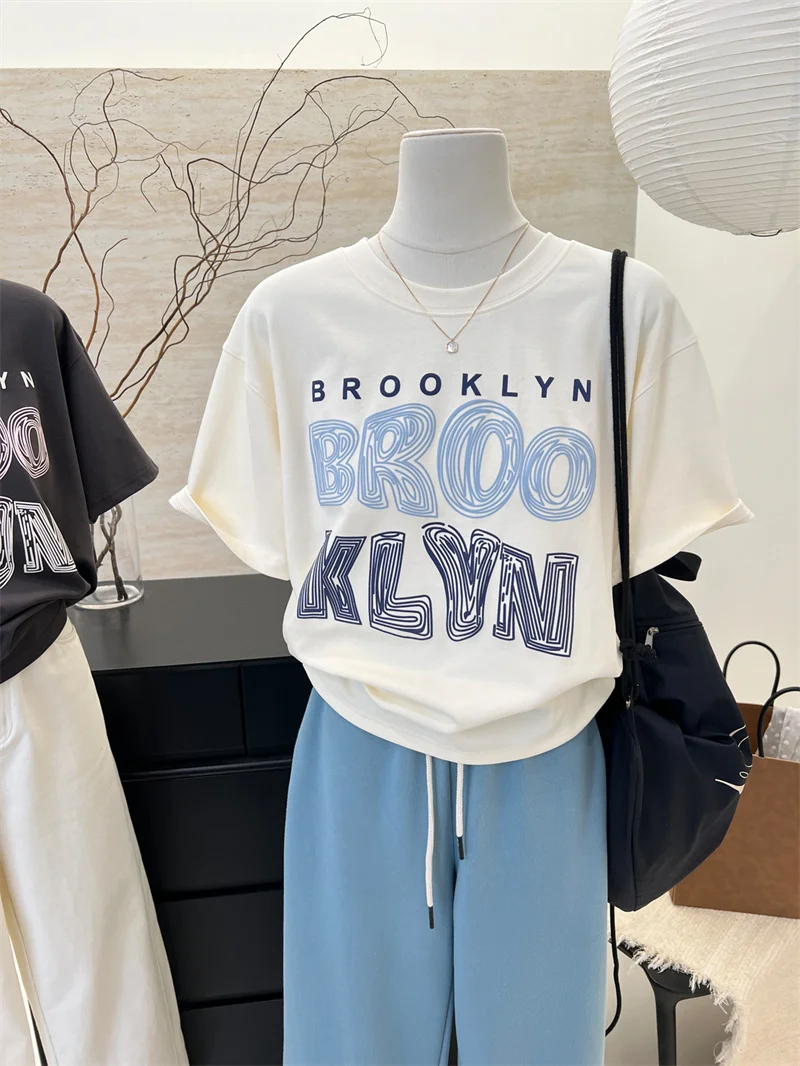 

Retro American Summer 2024 Women's Fashionable Versatile Letter Print Short Sleeve T-Shirt Base Shirt Top Trendy Cotton Blend