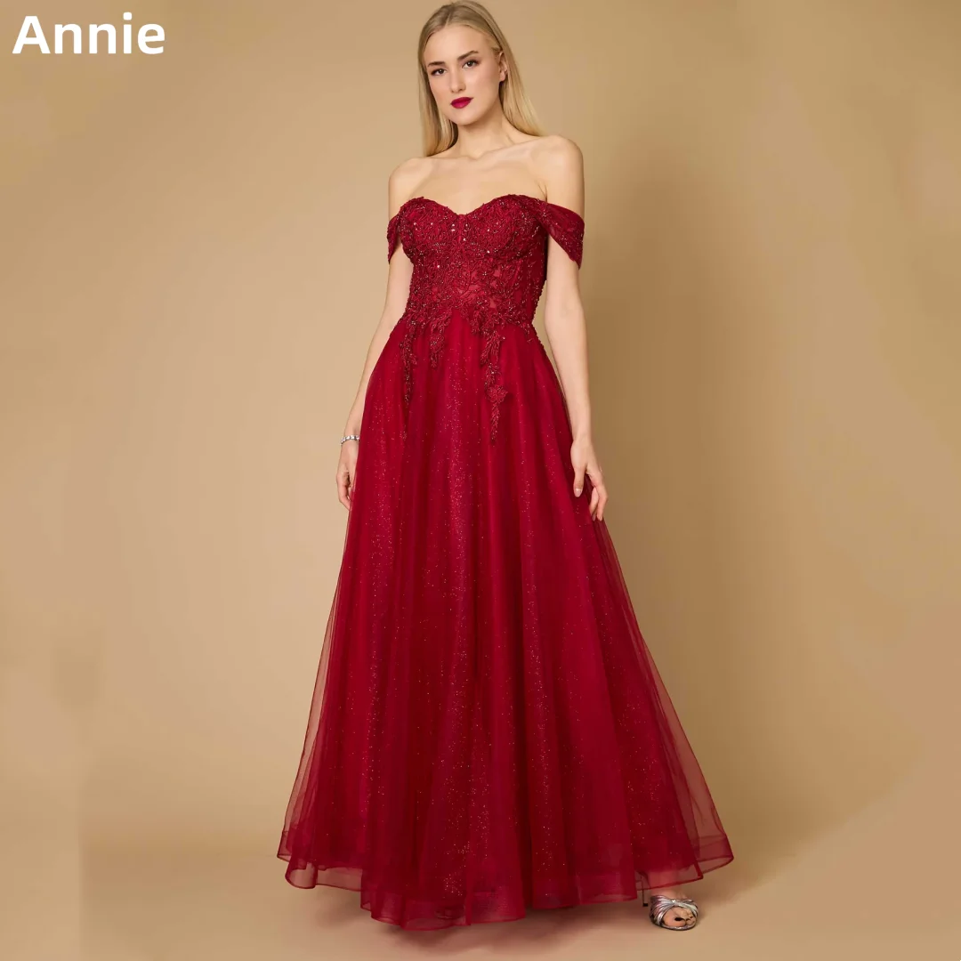 Annie Flash Rede Elegant Wedding Dress Lace Embroidered Tulle Prom Dresses A-line Off-shoulder فساتين سهرة Vestidos De Fiesta