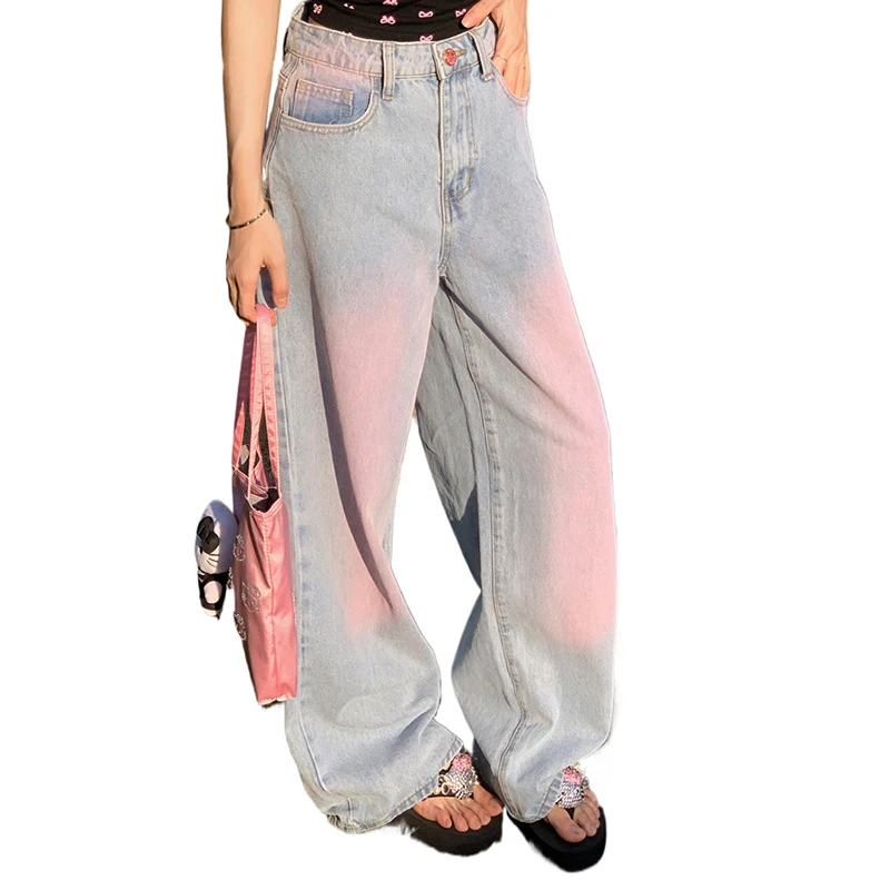 Women's Loose Jeans Y2K Washed Jeans Pink Gradient High Waist Wide Leg Pants Straight Leg Jeans 2024 Street