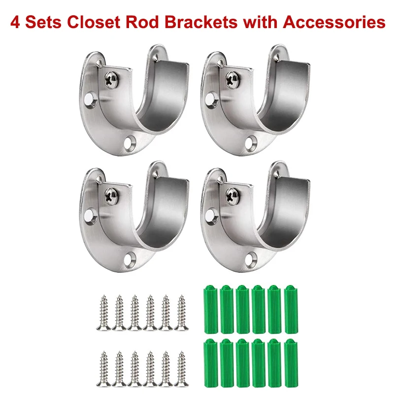 

4 Sets Closet Rod Brackets Heavy Duty 32mm Closet Rod Holder Stainless Steel U Shaped Rod Socket Flange Wardrobe Bracket