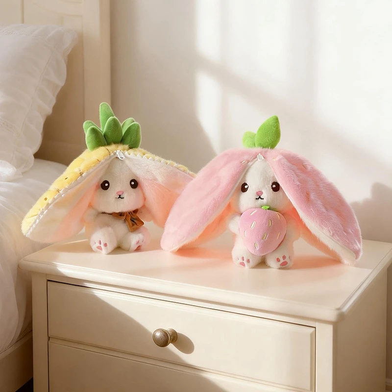 Hot Cute Fruit Bunny Plush Toy Creative Durian Pineapple Carrot Strawberry Turn Into Rabbit Soft Doll Birthday Christmas Gift