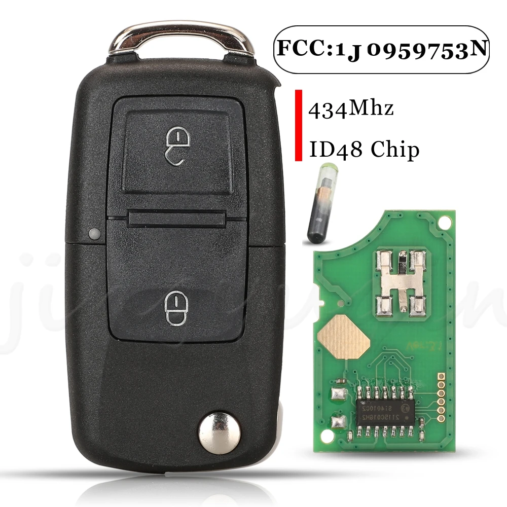 Jingyuqin 2 Buttons Smart Remote Car Key 434MHZ ID46 Chip 1J0959753N For VW Volkswagen Beetle Bora Polo Golf Passat