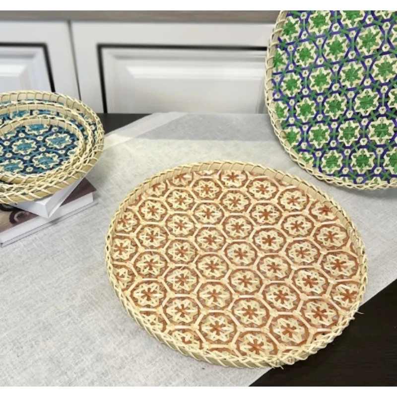1PC Handmade Rattan Fruit Bread Basket with Lid Leftovers Insect Proof Table Cover Round Dim Sum Tray