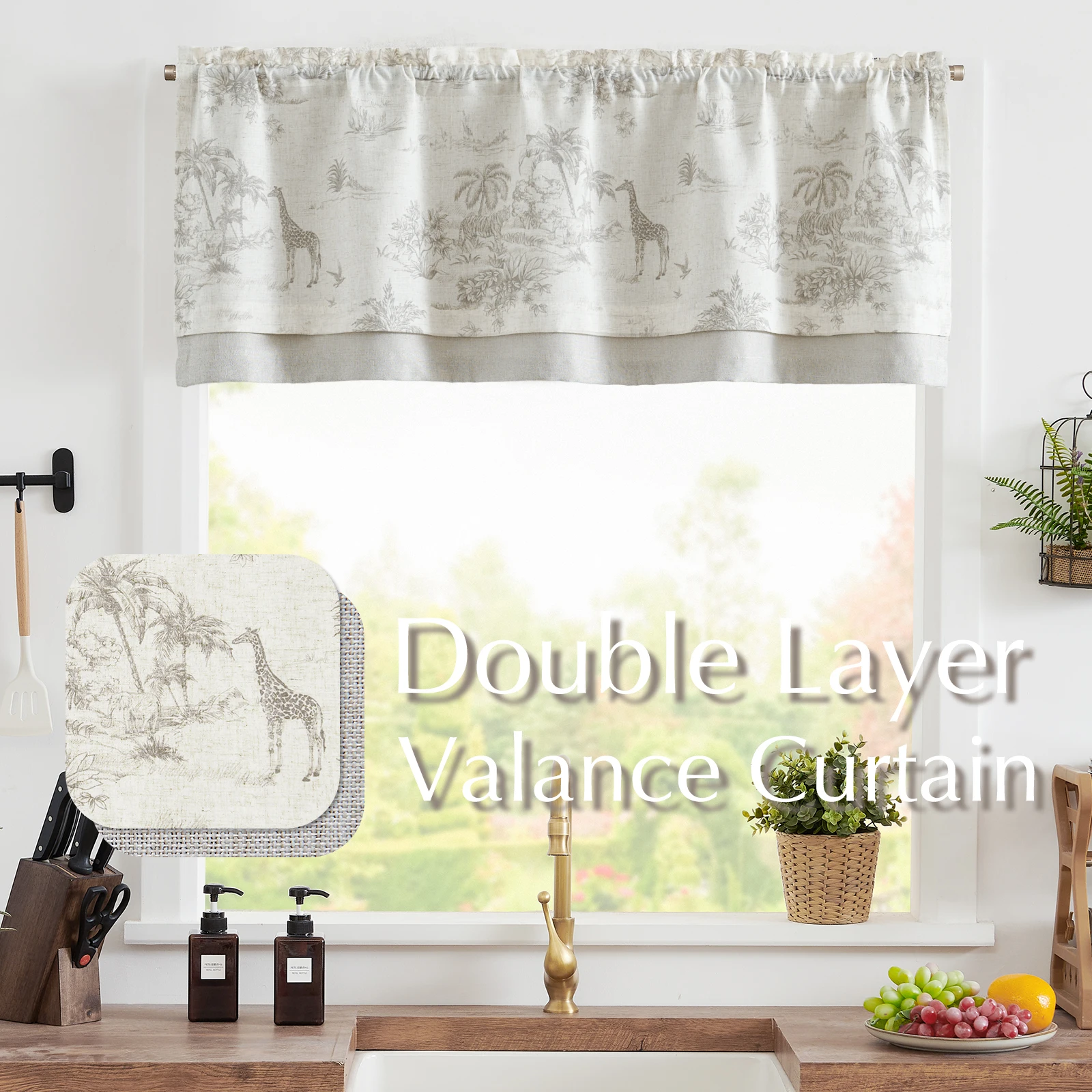 JINCHAN Double Layer Valance Curtain Tree Animal Pattern Short Window Curtains Bathroom Linen Valance Toile De Jouy Cafe Valance