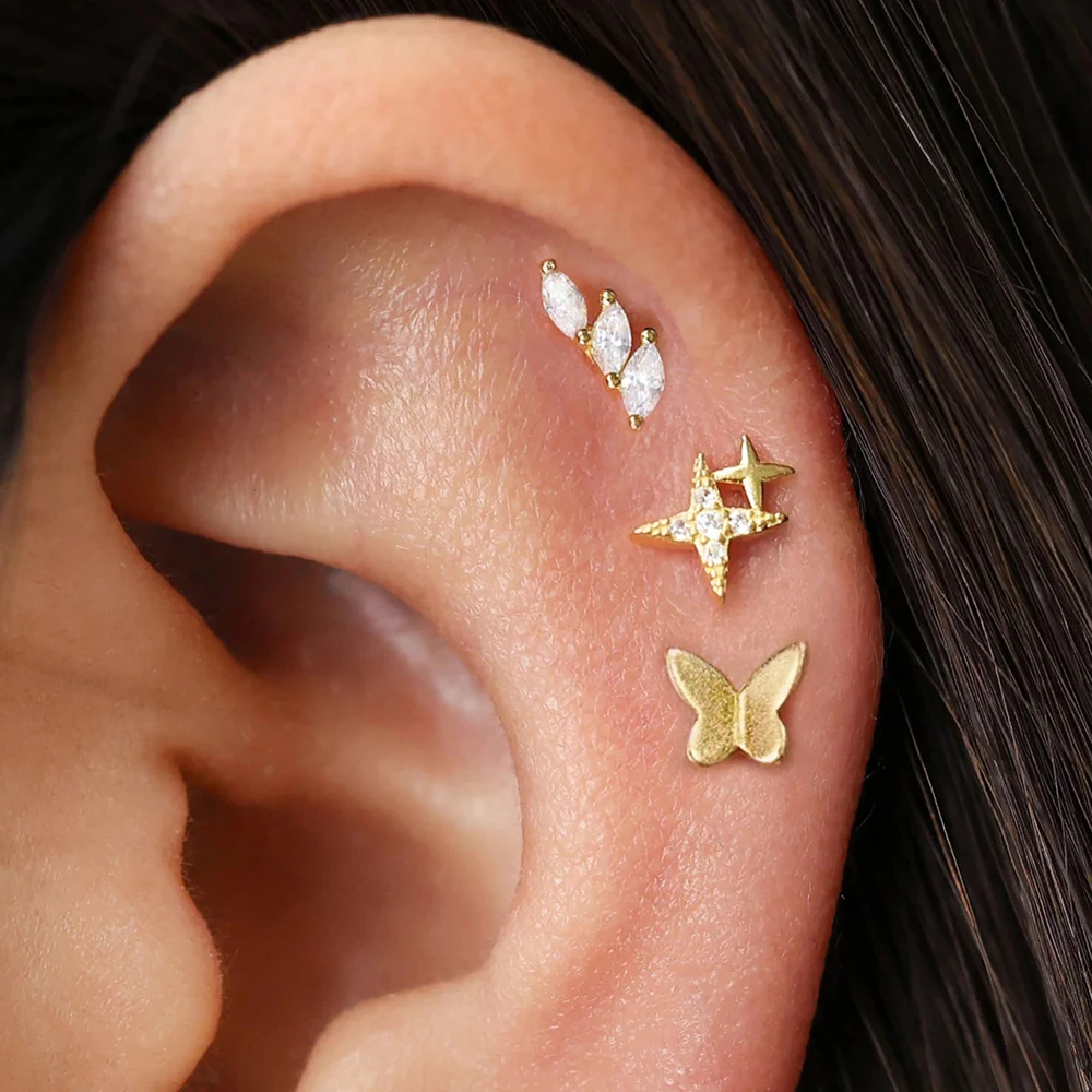3PCS Fashion Twinkle Star Zircon Stud Earrings Sets For Woman 14K Gold Plated Butterfly Ear Stud Minimalism Jewelry Accessories