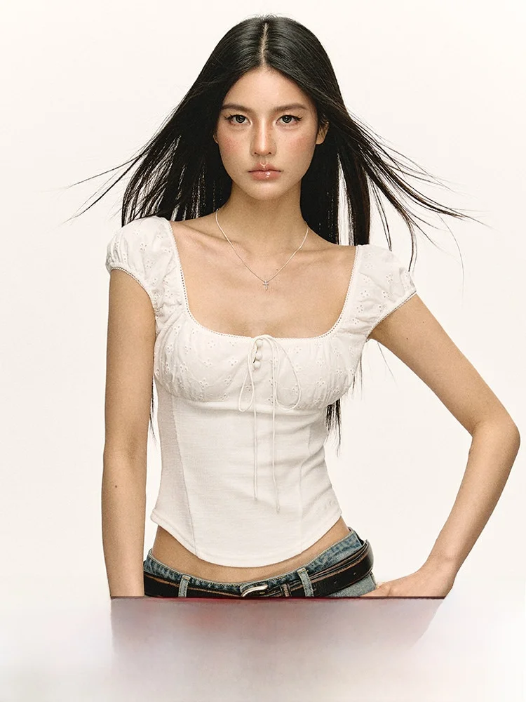 

Женская летняя футболка Ariseism American Style с коротким рукавом, приталенная, с квадратным вырезом, рукавами-фонариками, повседневная, однотонная, из чистого хлопка