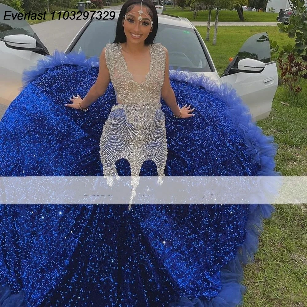 EVLAST Customized Royal Blue Prom Dress Long Celebrity Shiny Crystal For Black Ruffles Mermaid Party Wear Robe De Soiree TPD09