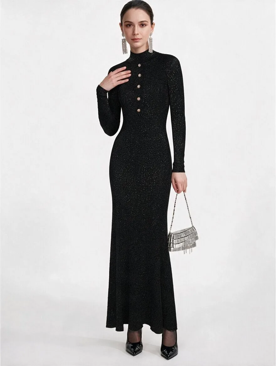 High-quality Fashionable Half High Collar Button Hollow Bright Silk Elastic Knitted Slim Fit Long Women's Dress