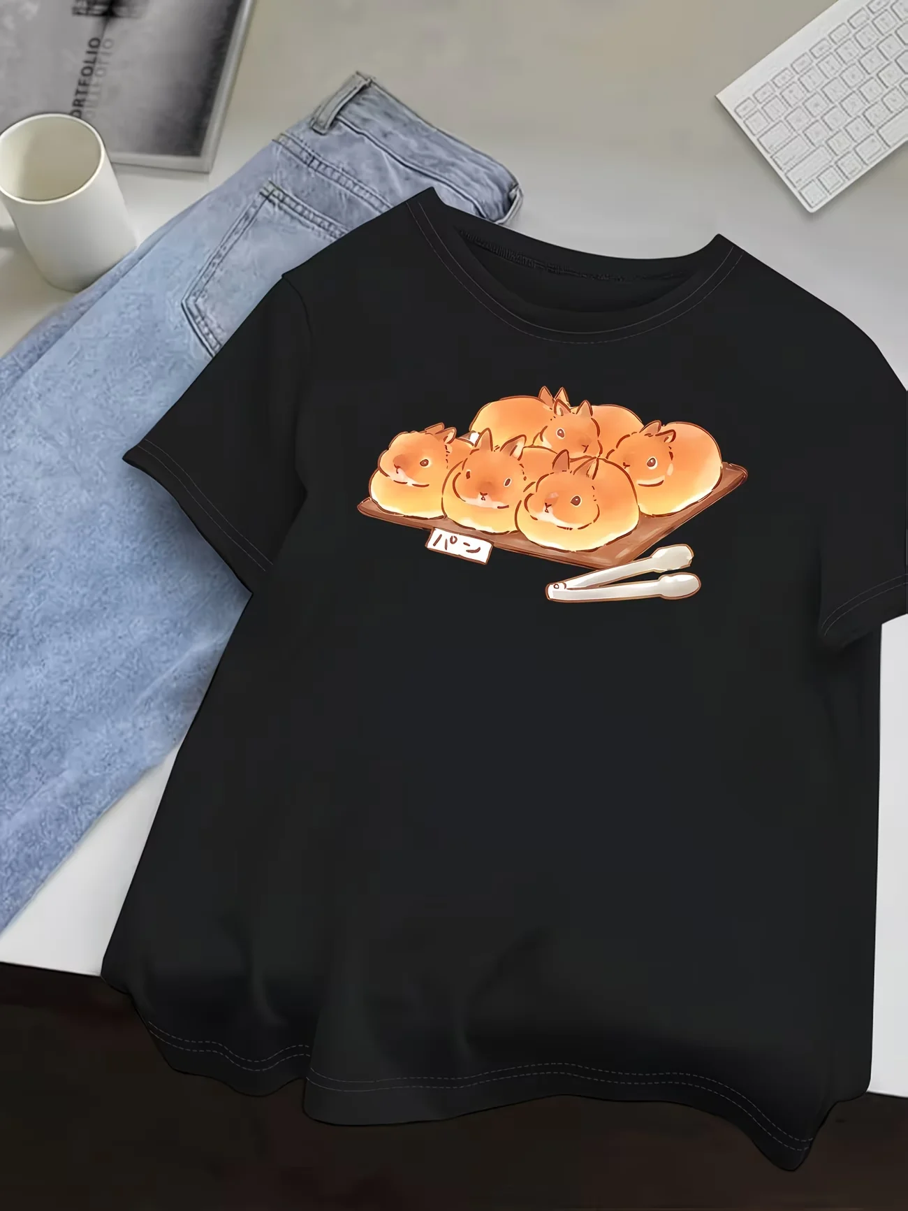 Kawaii Bunny Bread Graphic T Shirt Japanese Bakery Aesthetic Cute Rabbit Bun Print Summer Short Sleeve Harajuku Tee for Women