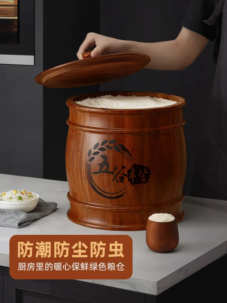 High-end solid wood insect-proof and moisture-proof sealed large rice cylinder, kitchen rice storage box, household