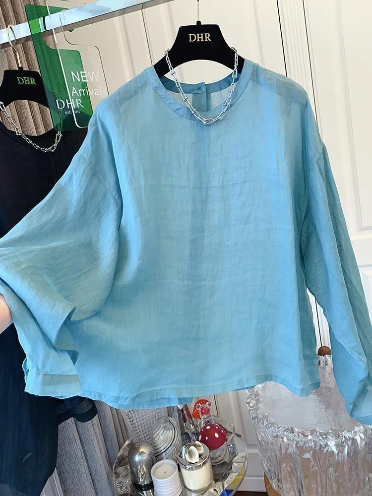 

Женская летняя рубашка больших размеров, свободного кроя, дышащая, с защитой от солнца, тонкая, модная, с длинными рукавами, круглым вырезом