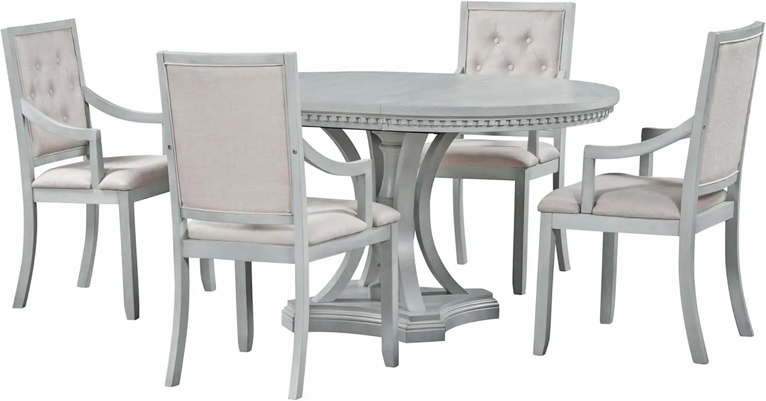 LUMISOL 5-Piece Round Dining Table Set: Extendable Table & Upholstered Chairs, Farmhouse Style, Antique Gray Oak