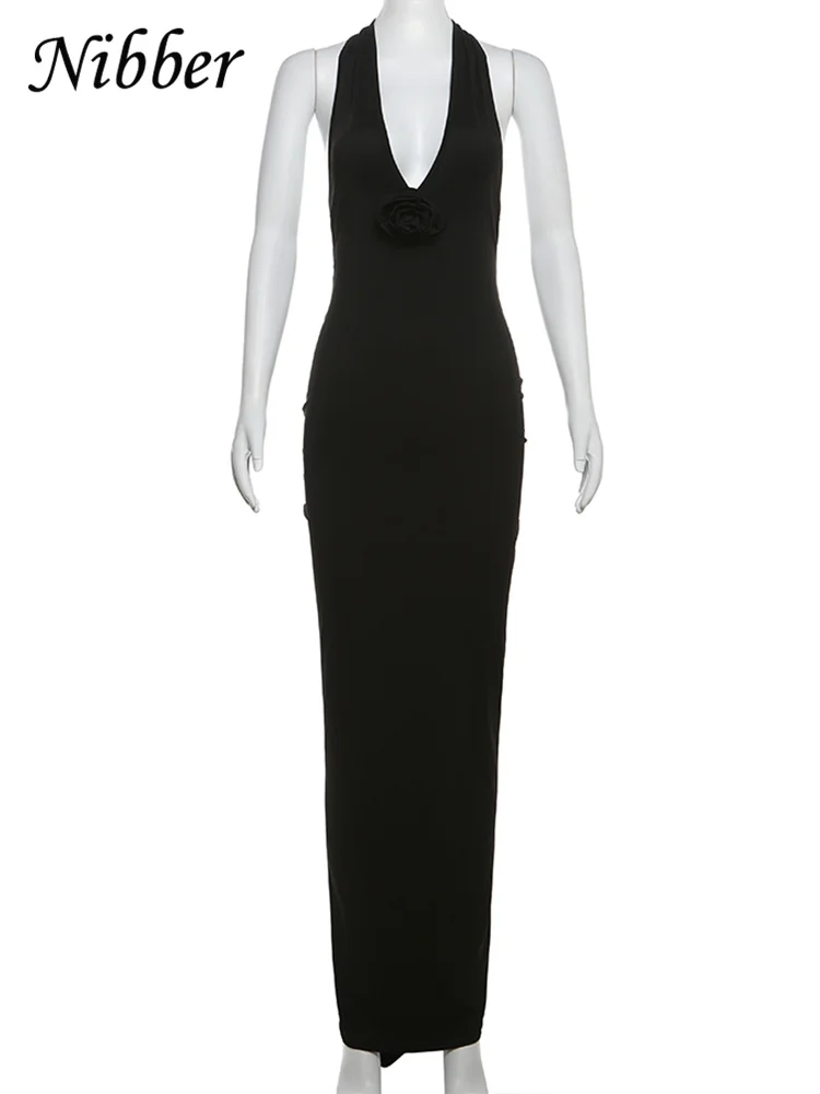 Nibber-Vestido maxi elegante com decote em v para mulheres, vestido de noite, flores sem costas, fitas, vestido feminino Bodycon, rua alta