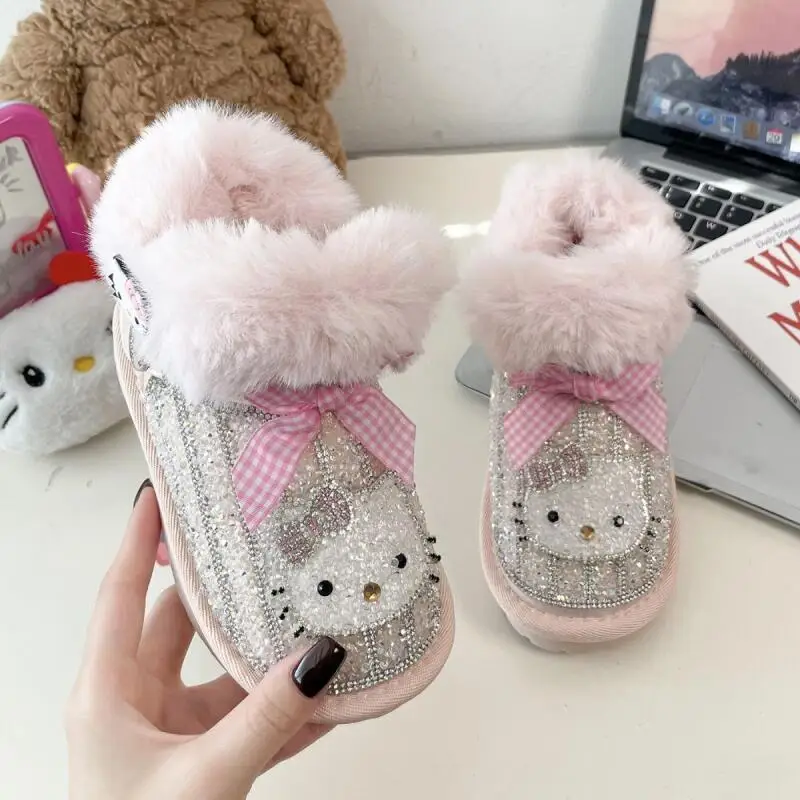 

Hello Kitty Cartoon Snow Boots Girl Sweet Diamond Sparkling Princess Shoes Outdoors Thicken Fleece-Lined Keep Warm Cotton Boots