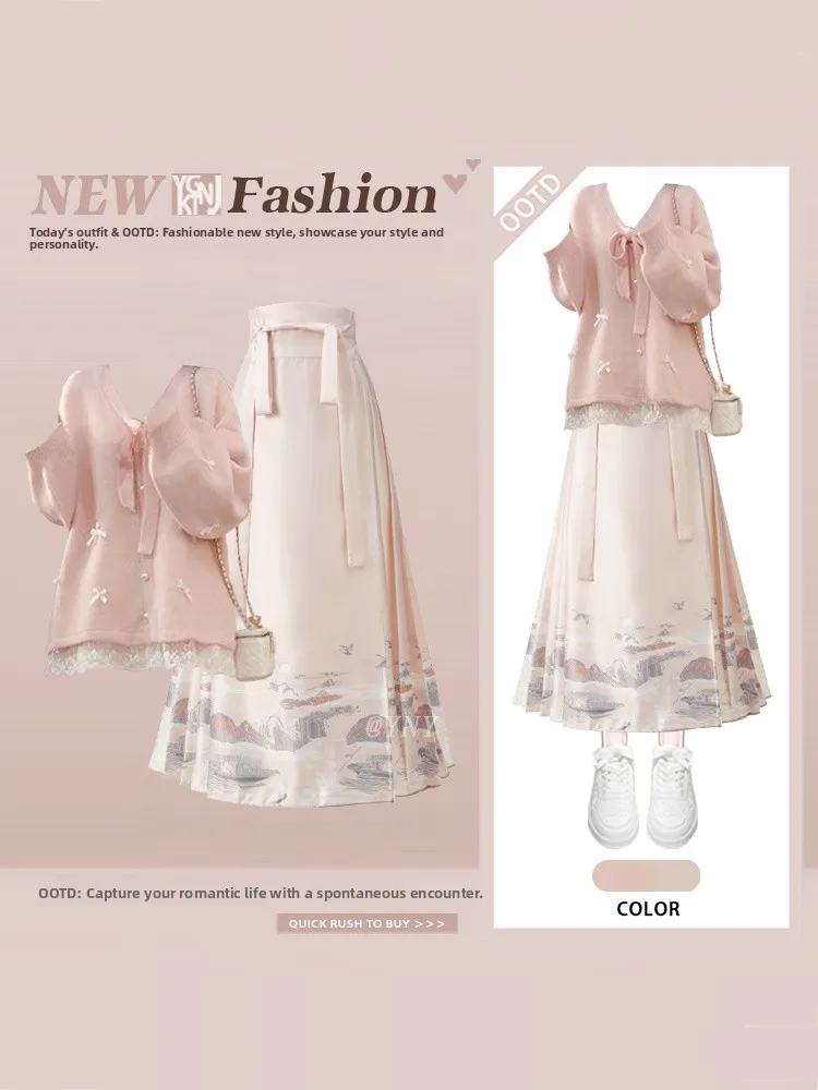 

Pink Sweet Knot Splicing Lace Knitted Sweater Winter Chinese Sle Improved National Han Su Ma Face Skirt Women