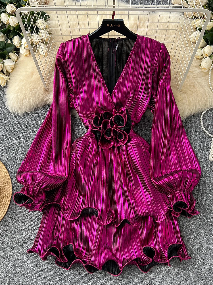 Women's Rose Red A-line 3D Floral Dress Vintage Long Sleeve V-Neck Luxury Dresses Y2k Party Club One Piece Frocks 2000s Clothes