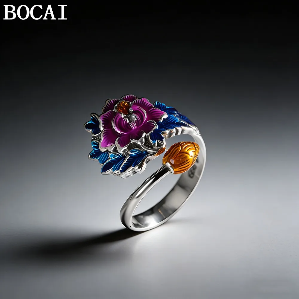 BOCAI New S999 Sterling Silver Fashionable And Creative Burnt Blue Peony Flower Ring Women's Selected Gift