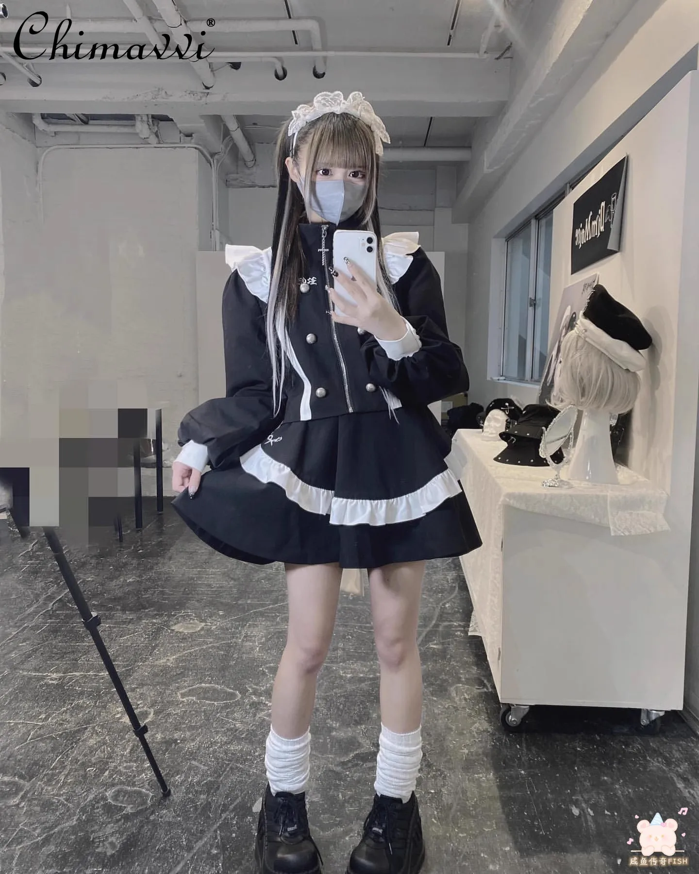 Gótico feminino Maid Stand Collar Jaqueta de Zíper Manga Longa, Harajuku Conjuntos de Saia Japonesa, Camisa Bonita, Terno de 2 Peças, Mina Casaco, Outono