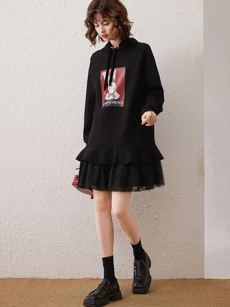 LOUIS YAO Women Hooded Sweatshirt Dress 2023 Autumn Lazy Style Drop-shoulder Long-sleeve Patchwork Mesh Dress