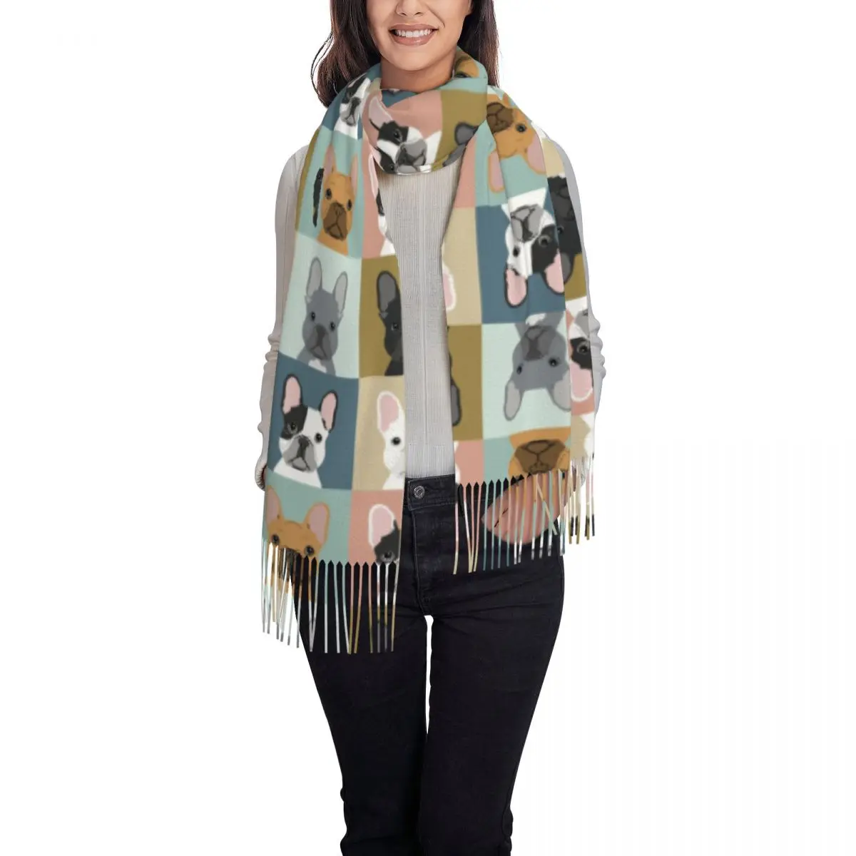 Custom French Bulldog Portraits Pattern Scarf Wrap for Women Long Winter Warm Tassel Shawl Unisex Frenchie Dog Lover Scarves