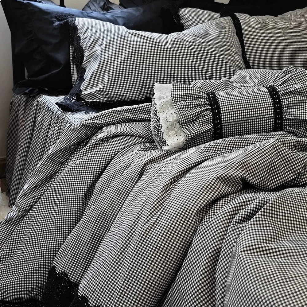 French Korean Simple Black Lace Cotton Bed Skirt 4Pcs Bedding Set