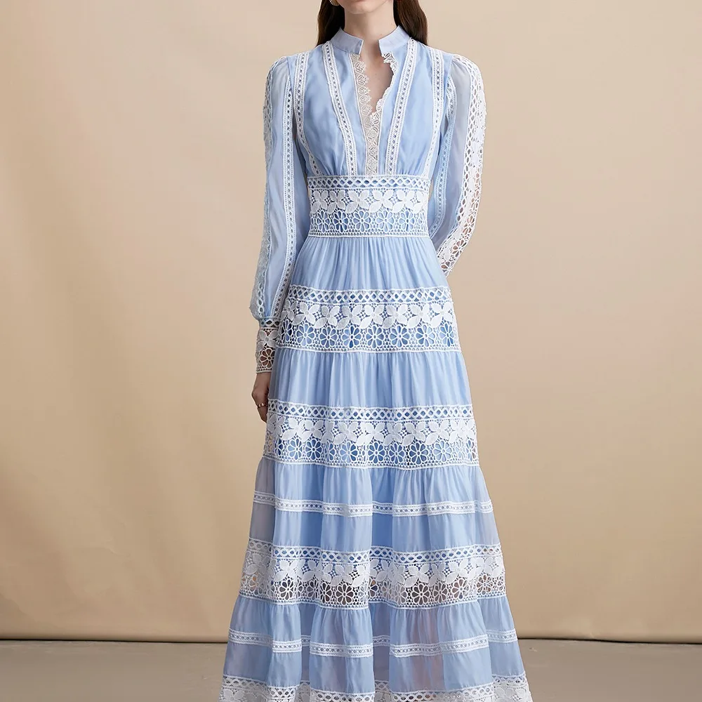 

Элегантное длинное платье с V-образным вырезом и рукавами-фонариками, кружевной вышивкой, пышной юбкой А-силуэта, в ретро-стиле, из полиэфирного волокна