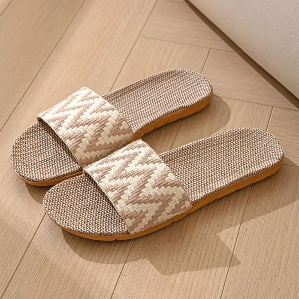 

Cozy Ethnic Style Linen Stripe Slippers Non-Slip Sweat Absorption Flax Slides Sandals Soft Shoes Patchwork Flat Slippers Bedroom