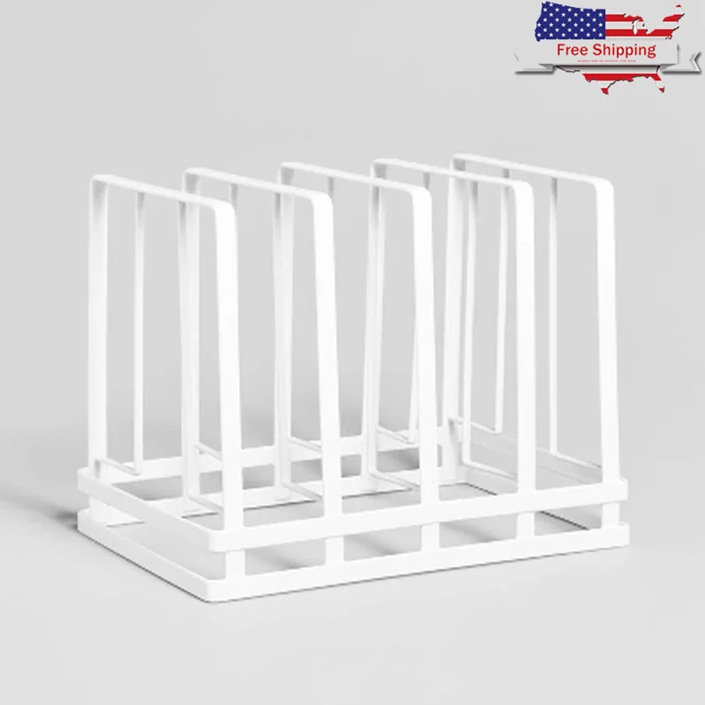 

Metal Kitchen Storage Organizer Pan Rack Vertical Horizontal Use Skillets Baking Sheets Iron White Finish 4 Slots Countertop