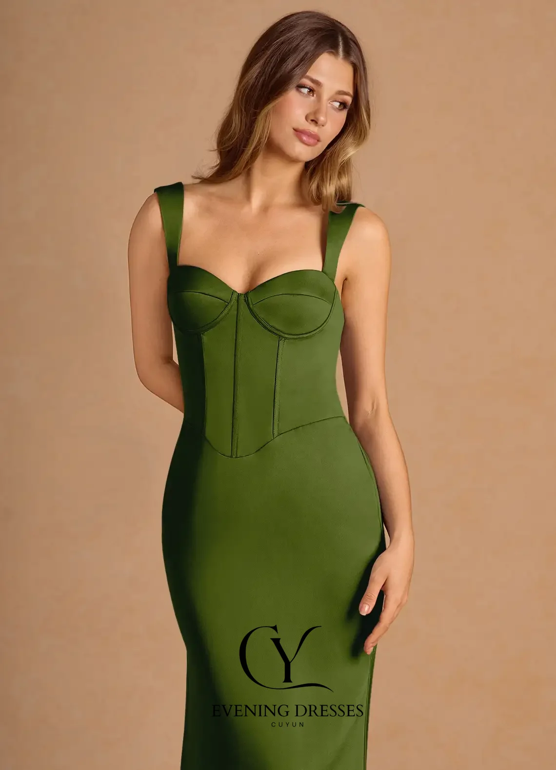 فستان ماكسي نسائي من CUYUN باللون الأخضر الزيتوني فستان سهرة على شكل قلب وأشرطة كتف أنيقة بطول الأرض فساتين حفلات مخصصة