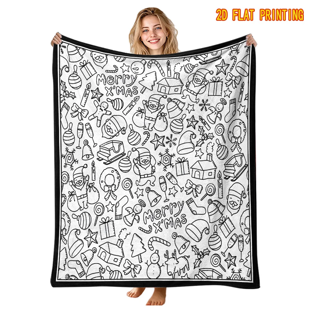 1pc Black‑White Line‑Art Doodle Christmas Throw Blanket, Santa Claus, Gingerbread Man, Candy Cane, Christmas Tree