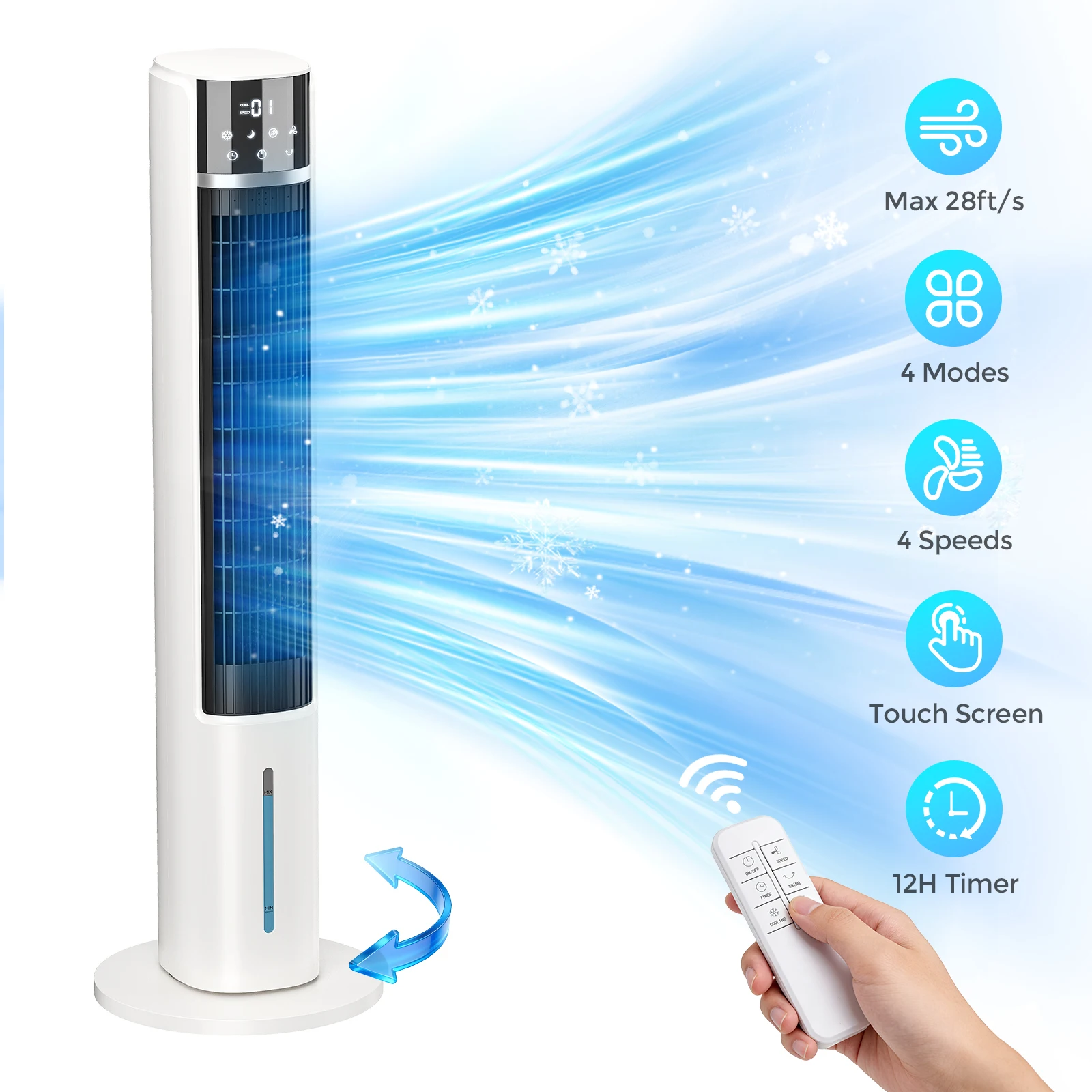 Ventilador de torre eléctrico Patbrela de 40 pulgadas con pantalla táctil, 4 velocidades, 70 °   Oscilación, Control remoto, Temporizador de 12 horas, 65W