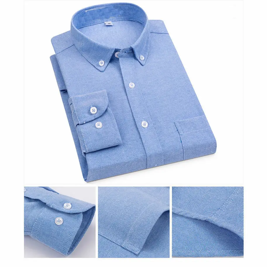 Camisa Oxford de manga larga para hombre, de Color sólido camisas azules, vestido de negocios informal, camisa a rayas a cuadros en el pecho, cuello abotonado