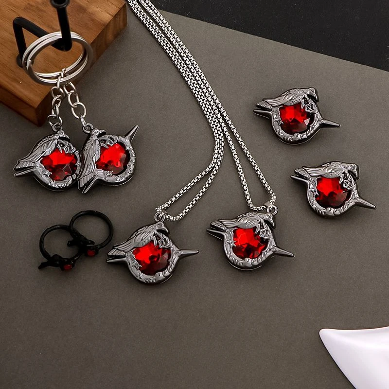 Love and Deepspace Sylus Brooch Necklace  Keychain Ring Cosplay Choker Unisex Game Dark Black Crow Ring Halloween Party