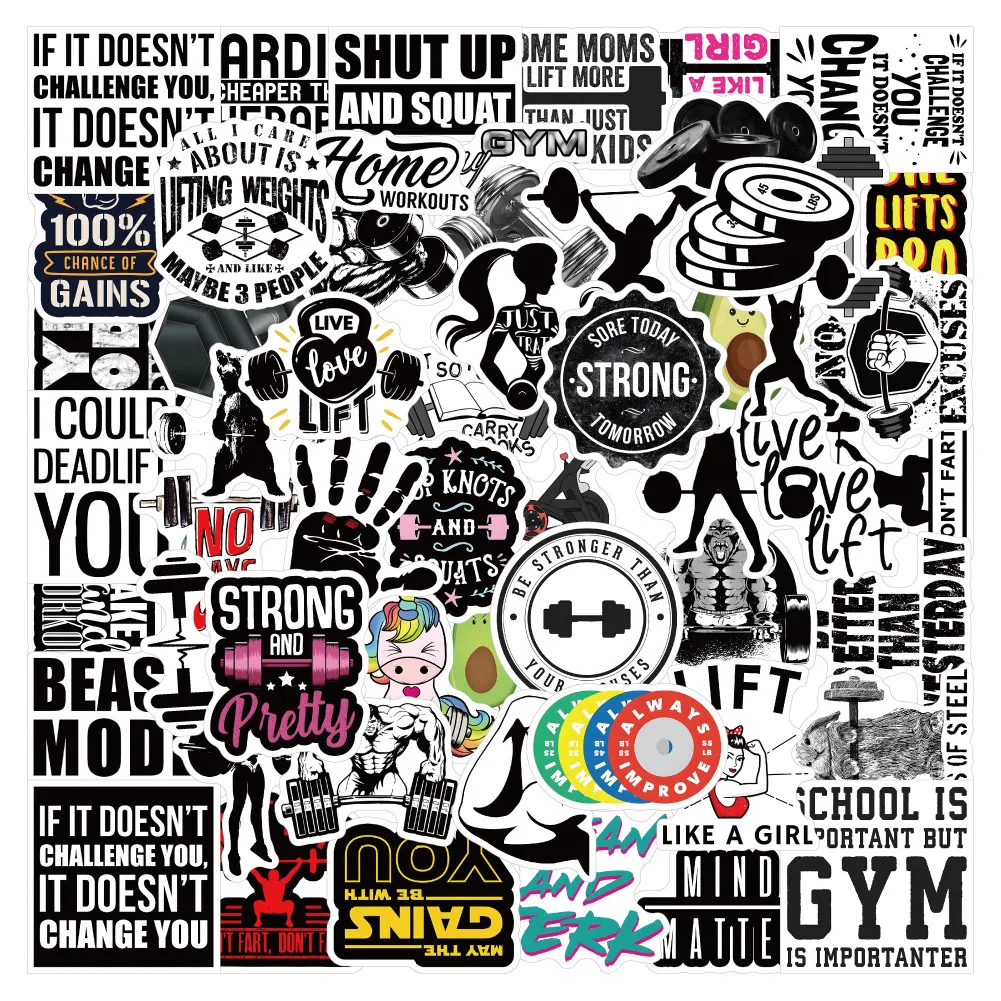 

10/50PCS Sports Fitness Workout Text Slogan Black and White Doodle Decorative Laptop Suitcase Waterproof Stickers Kids Toy