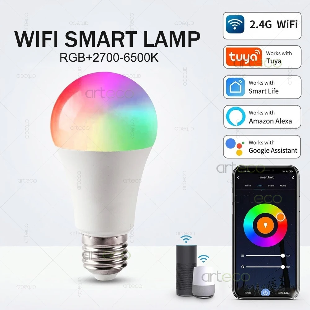 Lâmpadas LED Inteligentes Tuya E27 WiFi 85-265V 15W, Lâmpada LED Alexa RGB 2700-6500K, Controle por Voz via APP Smart Life e Google Home Assistant