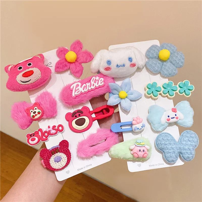 8Pcs/set Sanrio Kuromi My Melody Plush Hair Clip Lotso Cinnamoroll Pompompurin Hairpin Children Girl Hair Accessories