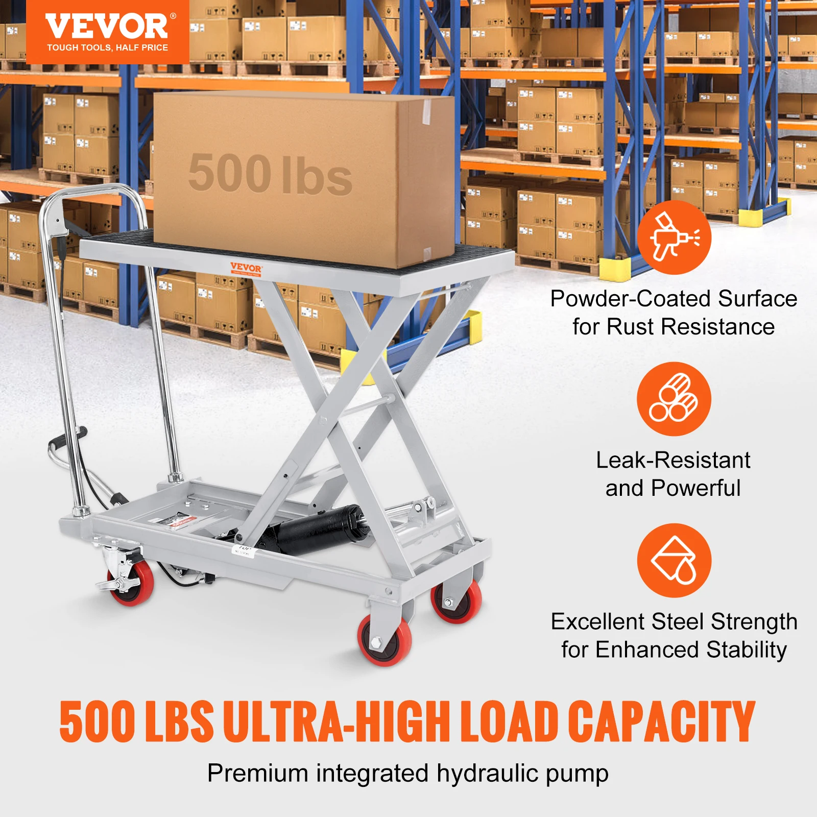 VEVOR 330/500lbs Hydraulic Lift Table Cart Manual Single Scissor Platform with 4 Wheels and Non-slip Pad for Material Handling