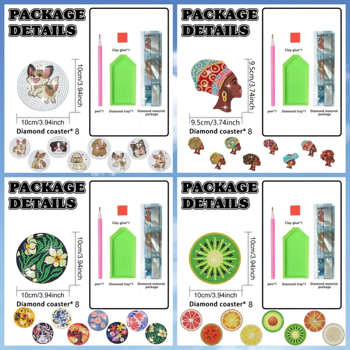 8 sets of DIY fruit, dog, flower and beauty pattern diamond painting coasters, suitable for living room decoration