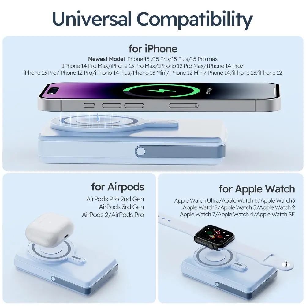 Carregador portátil de carregamento rápido sem fio magnético azul, adequado para iPhone 17 16 15 Samsung Xiaomi