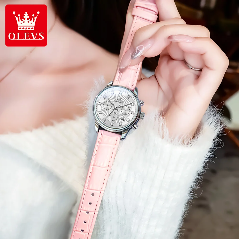 OLEVS 3669 Leather Strap Original Quartz Watch for Women Diamond Dial Classic Chronograph AutoDate Waterproof Women's Wristwatch